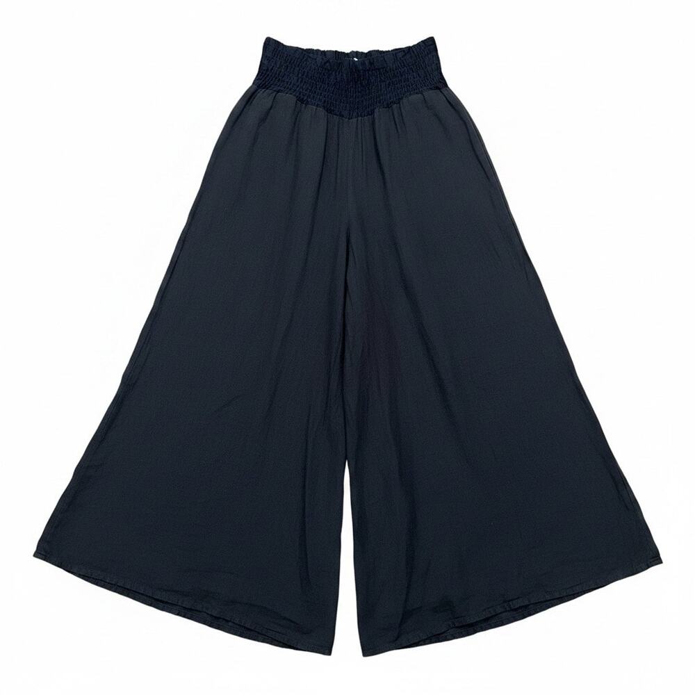 Made in Italy Navy Blue Linen Wide Leg Palazzo Pants Smocked Waist Boho OS Chic